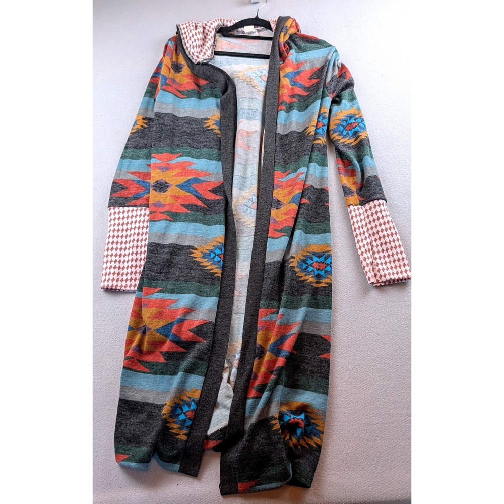 7th Ray Womens Southwestern Longline Hooded Cardigan Duster Multi Color Small